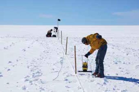 A radar system measures the snow’s layering and density. The ice sheet’s annual snowfall here accumulates into a layer about 90 metres thick. The crew analyzes the speed of radar waves as they travel through the layer to determine how the density of the snow changes with depth. Here, one person moves an antenna that sends out radar waves, and the other works the antenna that then receives the waves.