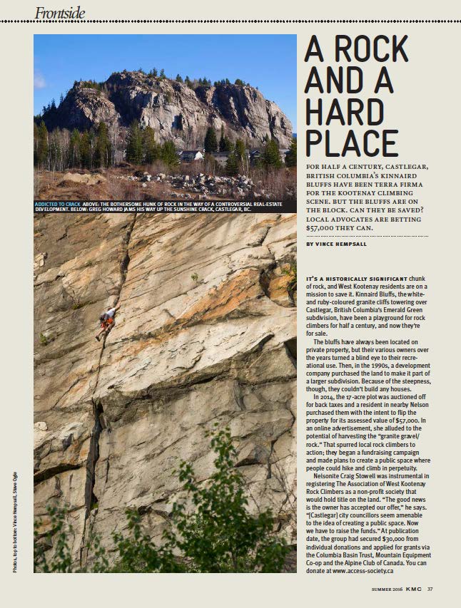 Kinnaird Rocks article in Kootenay Mountain Culture magazine