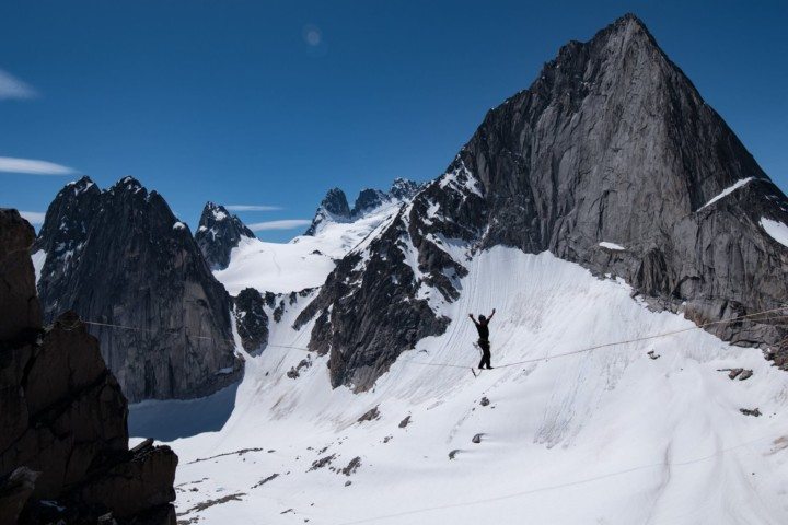 Man highlines in Bugaboo Provincial Park